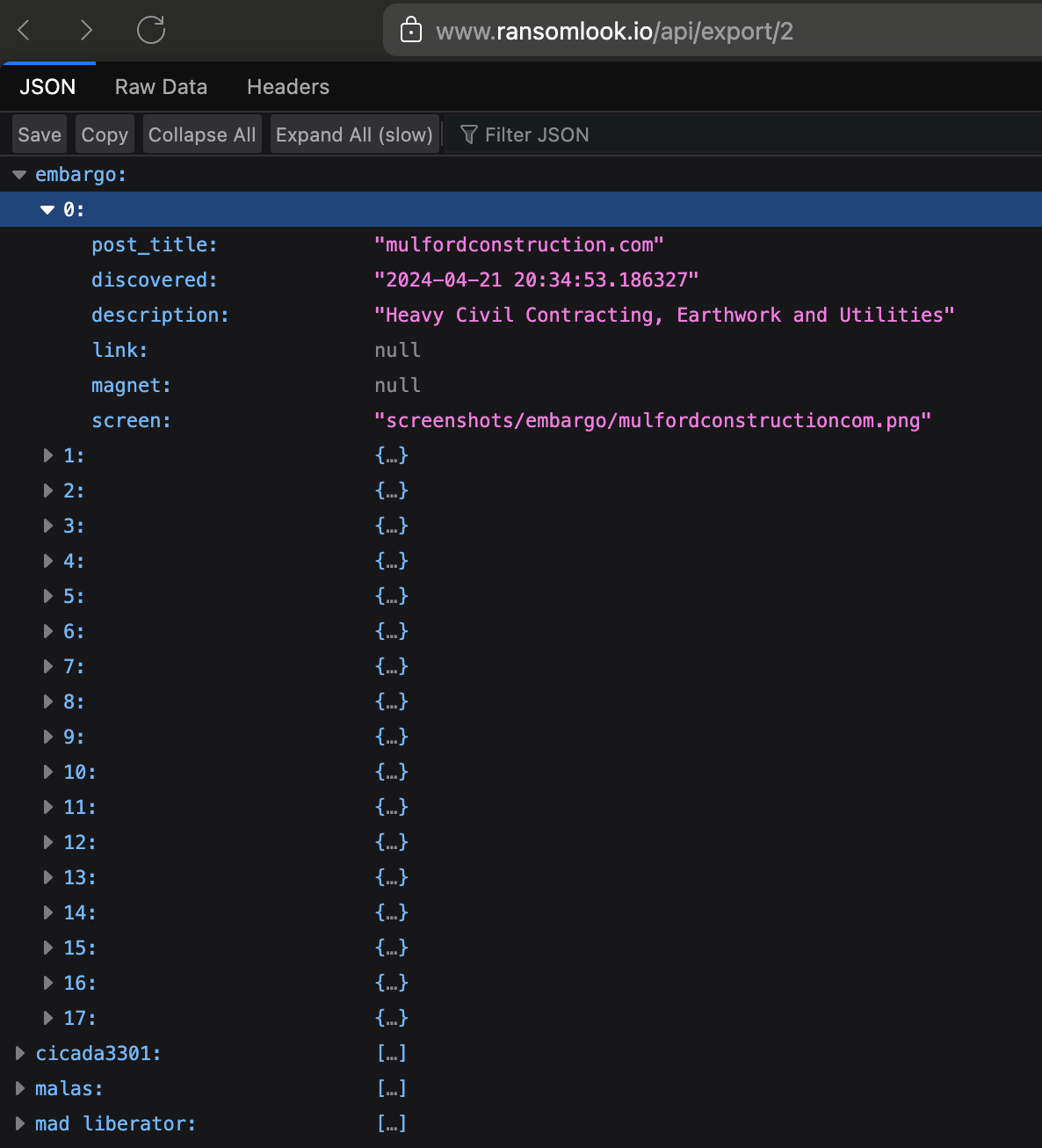 Screenshot of Ransomlook API Output